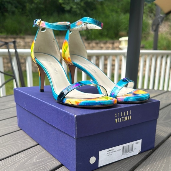 Stuart Weitzman Leather Patent Blue Yellow Pink Heeled Sandal Ankle Strap Size 8 - Picture 1 of 8